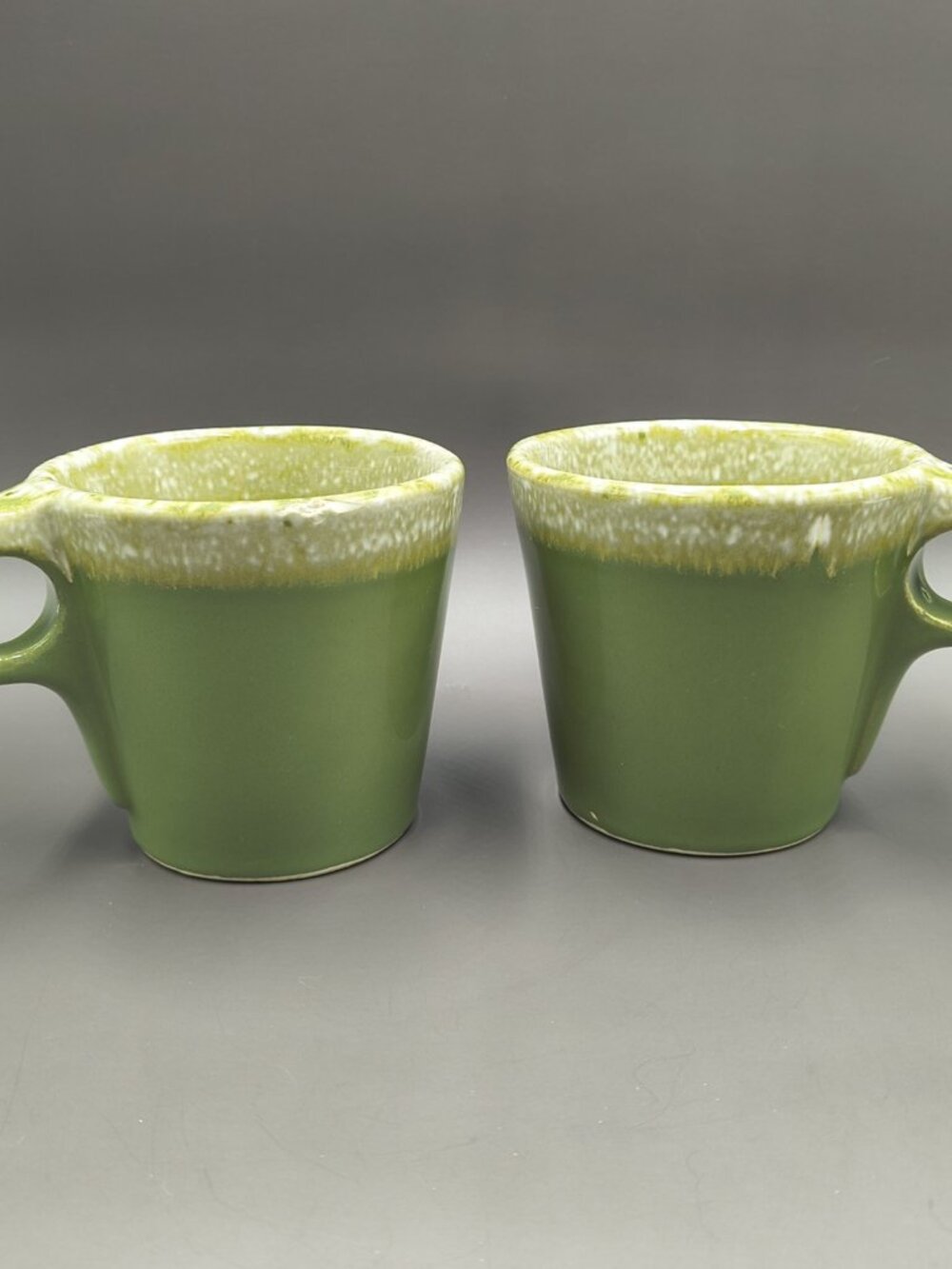 Lot of 2 Hull Pottery Avocado Green Drip Glaze CHIPPED Coffee Mug Cup MCM 1960s